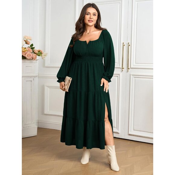 Plus Size Formal Dress Women Long Sleeve Tiered Maxi with Side Split - Picture 5 of 7